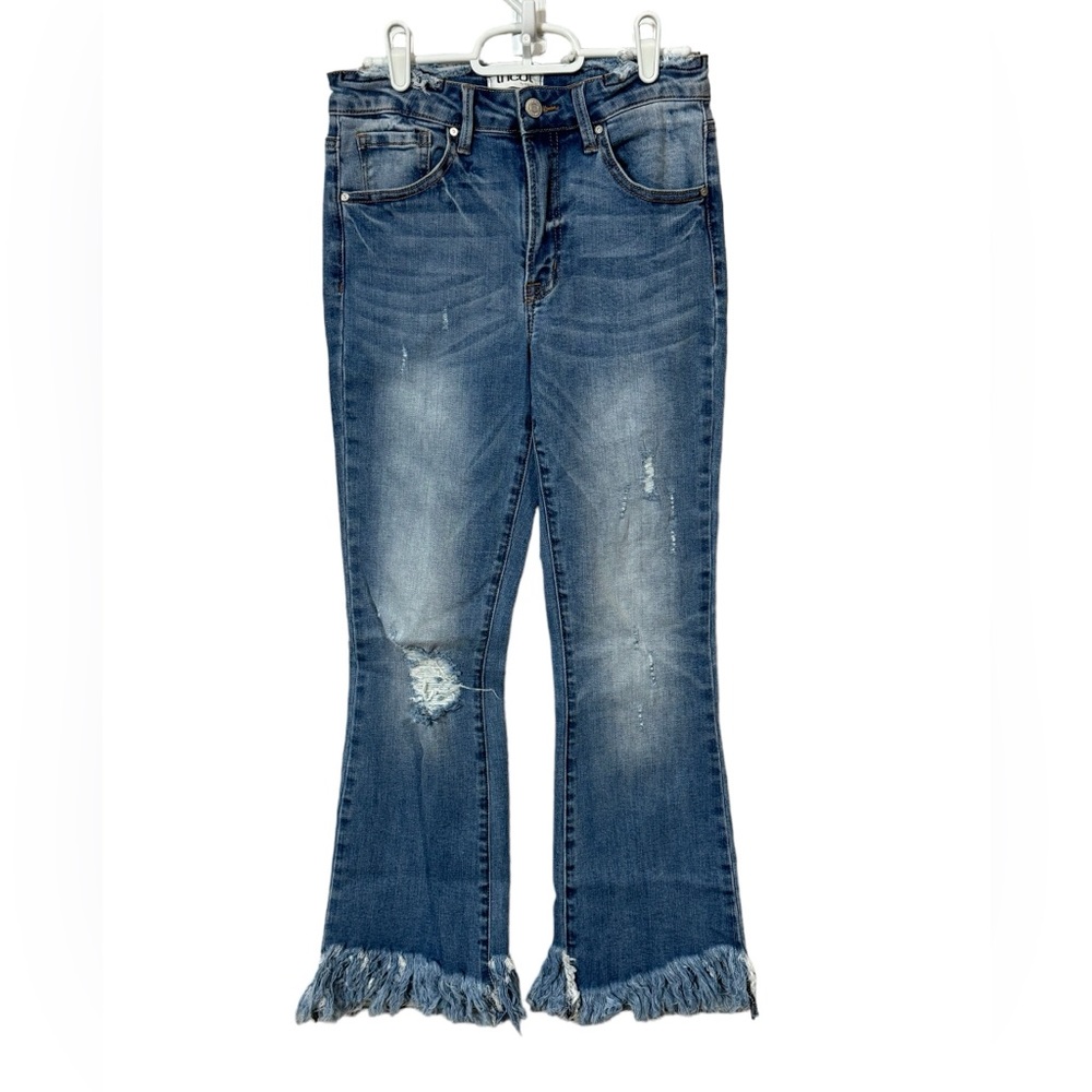 Tricot Denim Crop Fray Hem, Size 5/26, Medium-Light Wash, Distressed, Mid Rise